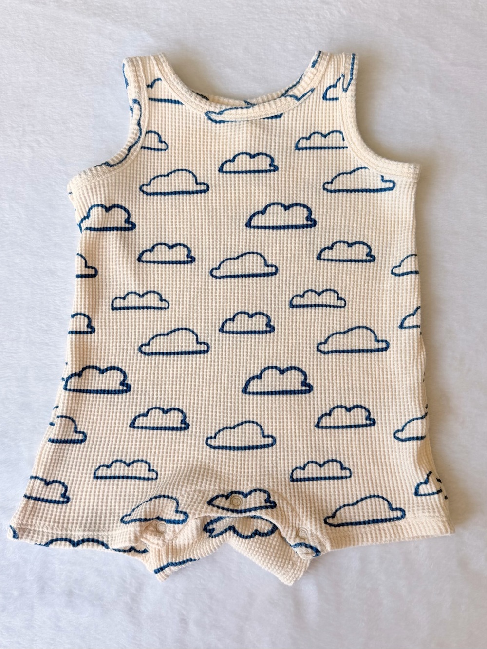 Spearmint Love - Cream Baby Waffle Knit Romper with Blue Cloud Print - 6-12m
